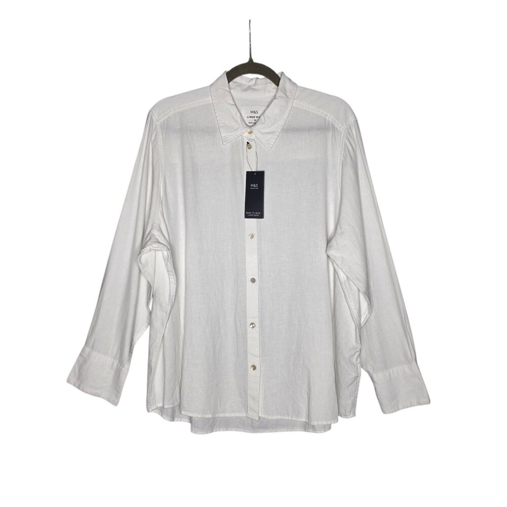 NWT M&S  Linen Rich White UK 20 /US 16 Minimalist Corpcore Button-Down Shirt NEW